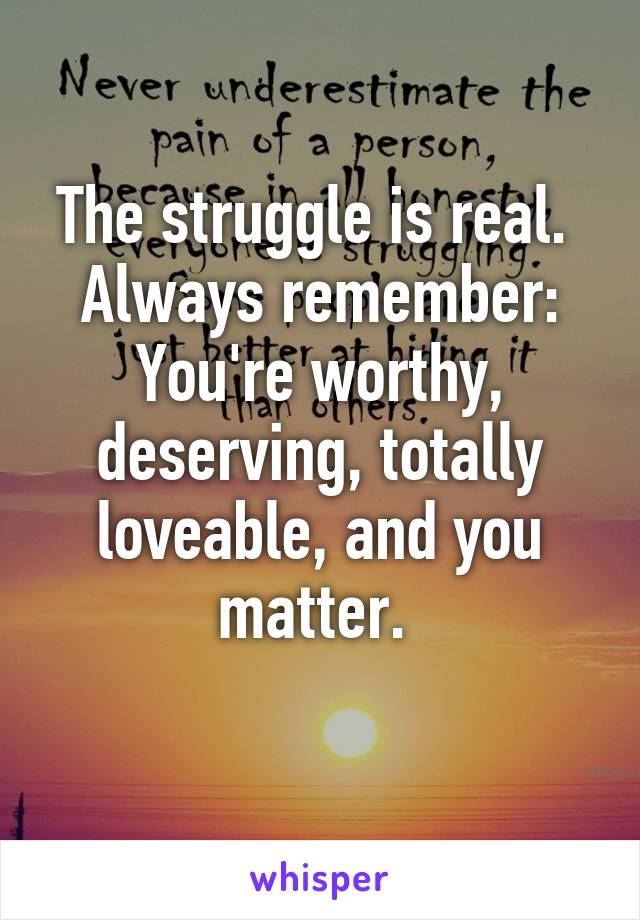 The struggle is real. 
Always remember:
You're worthy, deserving, totally loveable, and you matter. 
