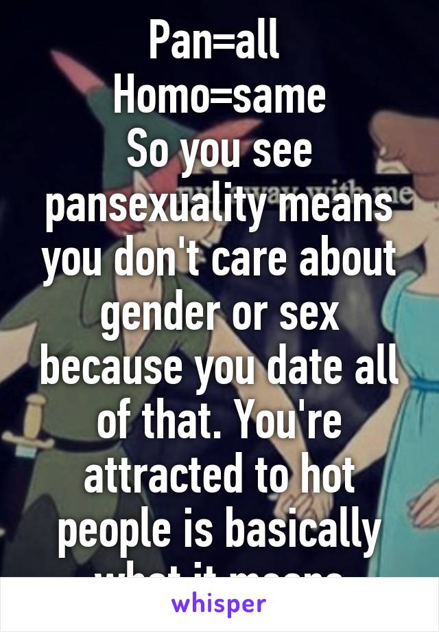 Pan=all 
Homo=same
So you see pansexuality means you don't care about gender or sex because you date all of that. You're attracted to hot people is basically what it means