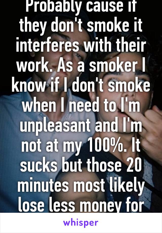 Probably cause if they don't smoke it interferes with their work. As a smoker I know if I don't smoke when I need to I'm unpleasant and I'm not at my 100%. It sucks but those 20 minutes most likely lose less money for the company 