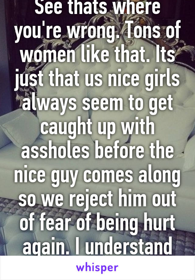 See thats where you're wrong. Tons of women like that. Its just that us nice girls always seem to get caught up with assholes before the nice guy comes along so we reject him out of fear of being hurt again. I understand your pain 21 F