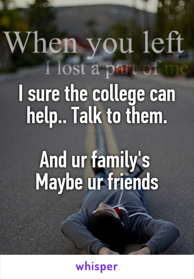 I sure the college can help.. Talk to them.

And ur family's 
Maybe ur friends