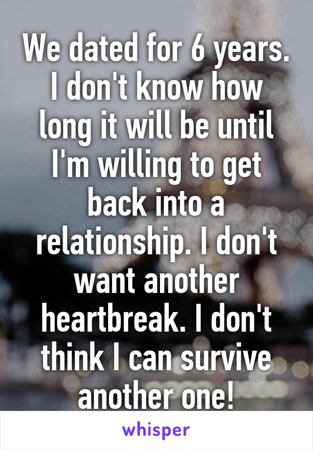 We dated for 6 years. I don't know how long it will be until I'm willing to get back into a relationship. I don't want another heartbreak. I don't think I can survive another one!