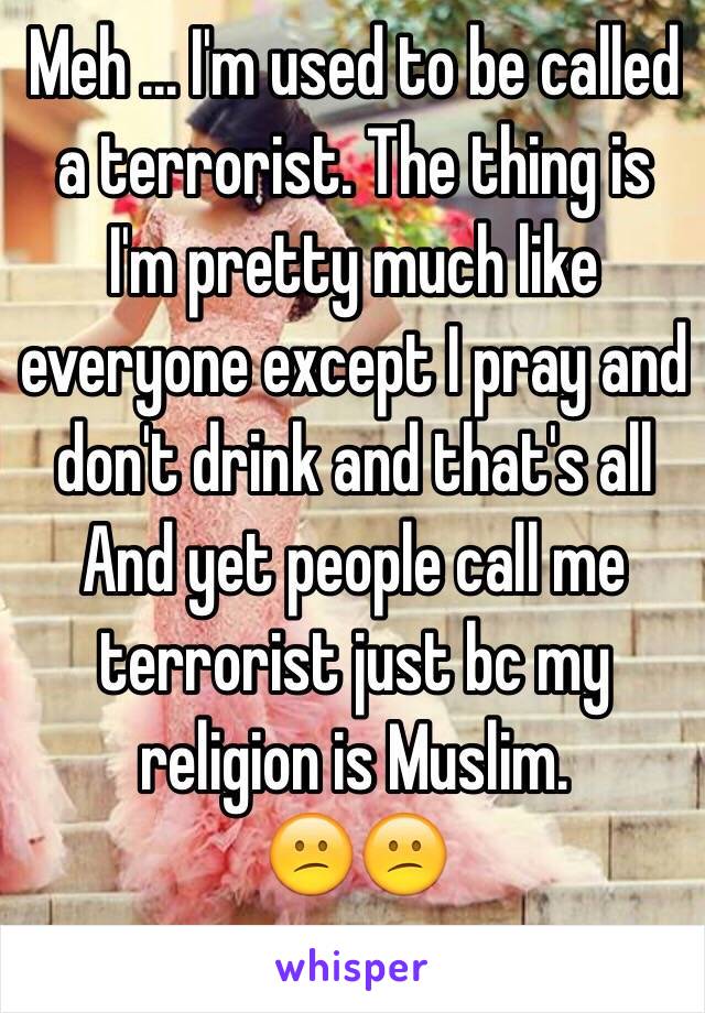 Meh ... I'm used to be called a terrorist. The thing is I'm pretty much like everyone except I pray and don't drink and that's all
And yet people call me terrorist just bc my religion is Muslim.
😕😕