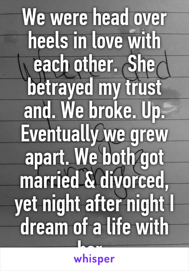 We were head over heels in love with each other.  She betrayed my trust and. We broke. Up. Eventually we grew apart. We both got married & divorced, yet night after night I dream of a life with her. 