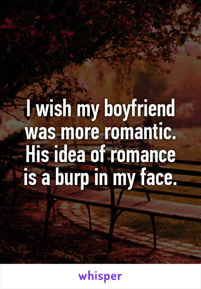 I wish my boyfriend was more romantic.
His idea of romance is a burp in my face.