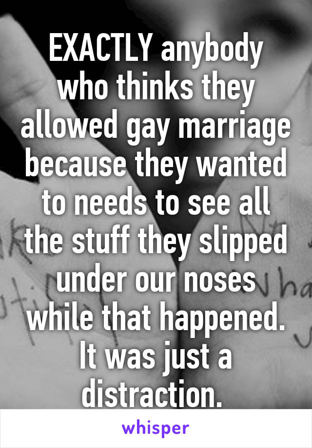 EXACTLY anybody who thinks they allowed gay marriage because they wanted to needs to see all the stuff they slipped under our noses while that happened. It was just a distraction. 