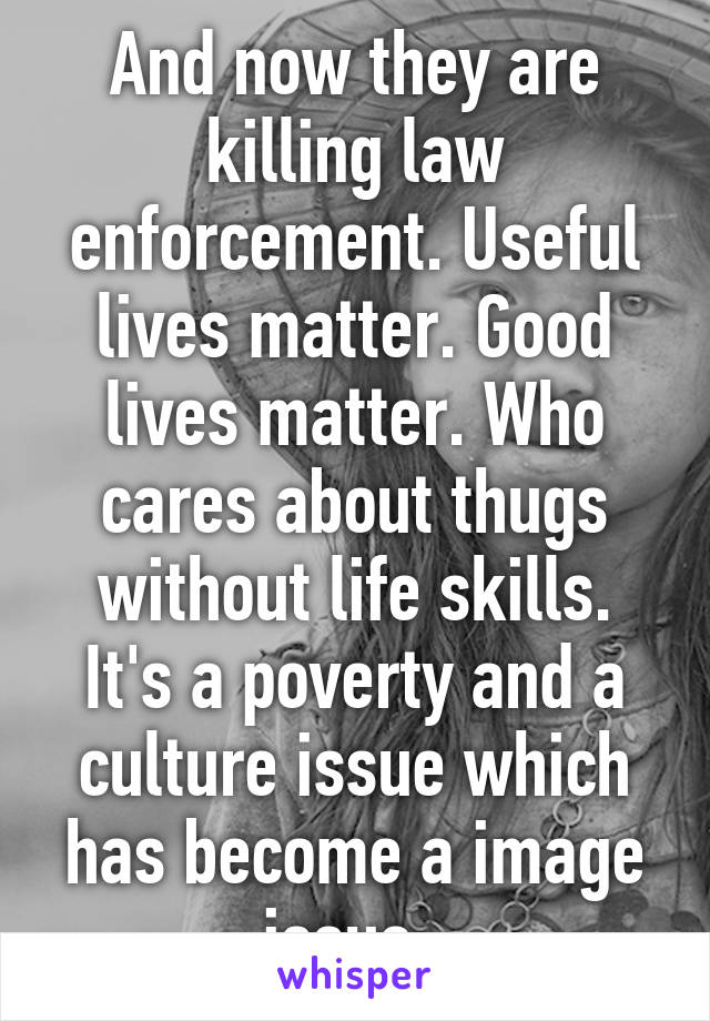 And now they are killing law enforcement. Useful lives matter. Good lives matter. Who cares about thugs without life skills. It's a poverty and a culture issue which has become a image issue. 