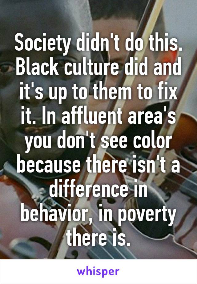 Society didn't do this. Black culture did and it's up to them to fix it. In affluent area's you don't see color because there isn't a difference in behavior, in poverty there is.