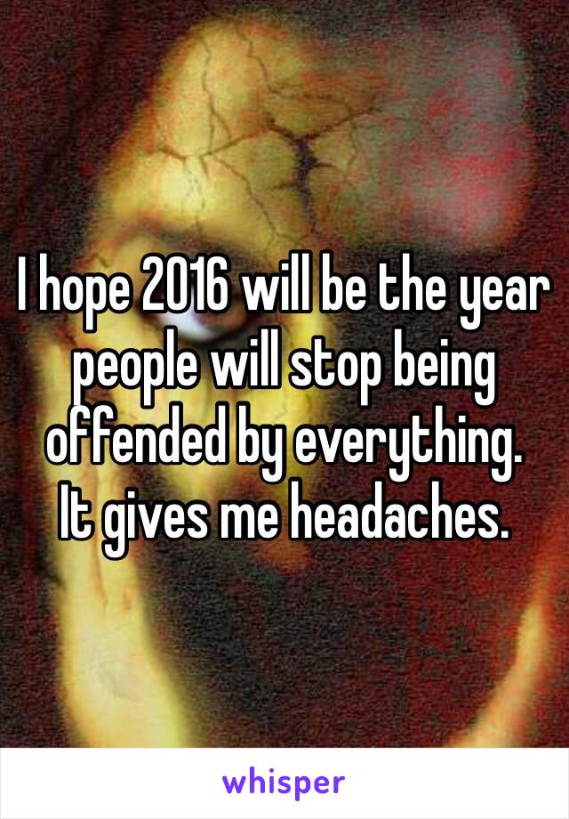 I hope 2016 will be the year people will stop being offended by everything.
It gives me headaches.