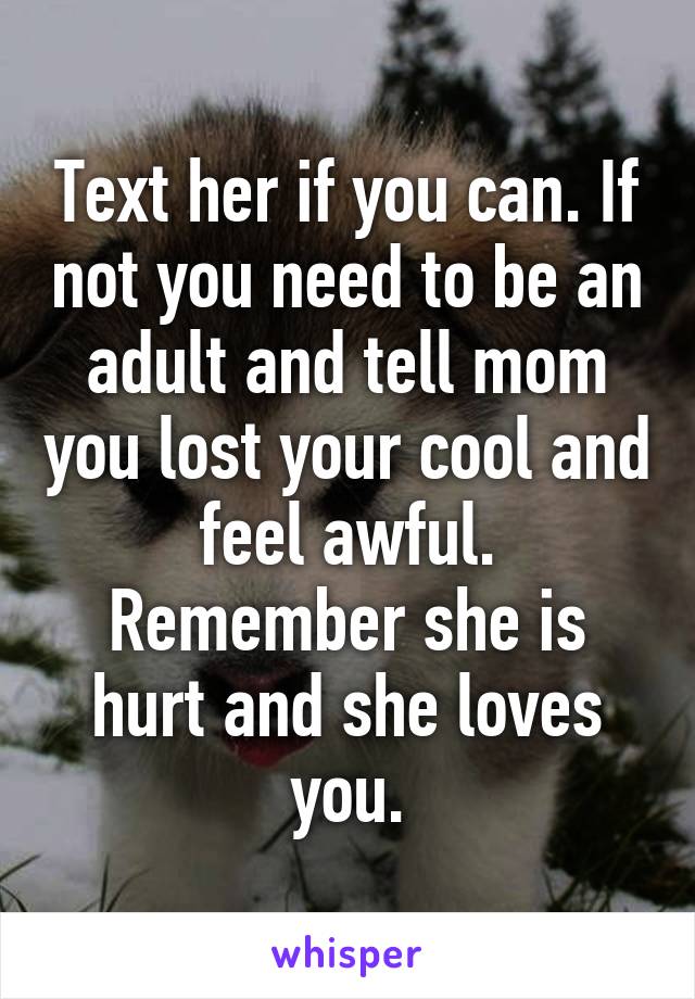 Text her if you can. If not you need to be an adult and tell mom you lost your cool and feel awful. Remember she is hurt and she loves you.
