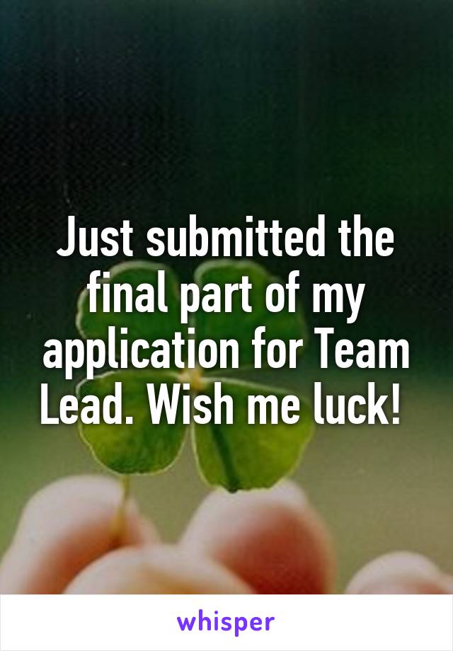 Just submitted the final part of my application for Team Lead. Wish me luck! 