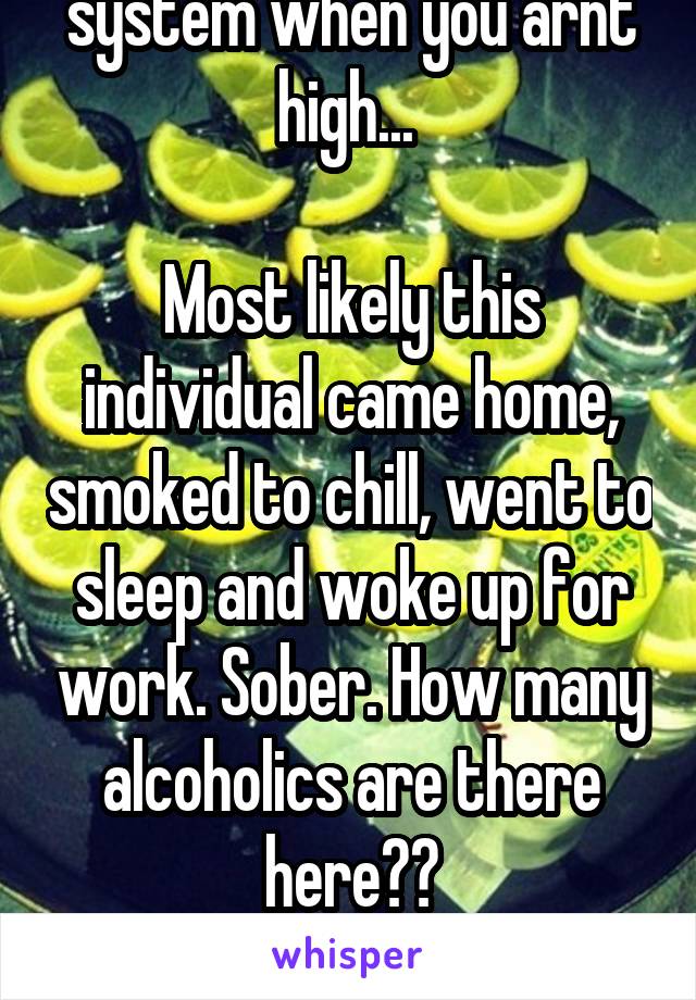 Weed stays in your system when you arnt high... 

Most likely this individual came home, smoked to chill, went to sleep and woke up for work. Sober. How many alcoholics are there here??
Karma will come around.