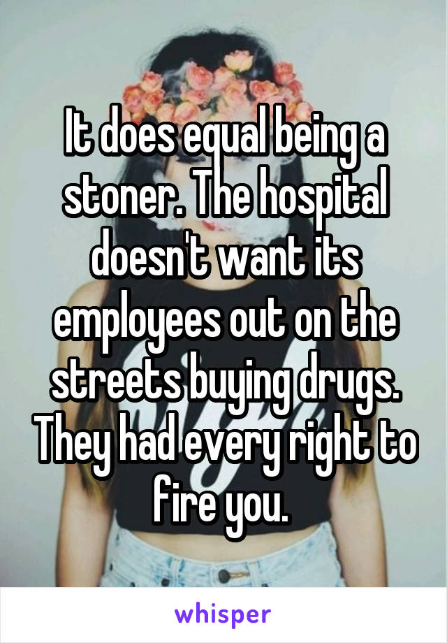 It does equal being a stoner. The hospital doesn't want its employees out on the streets buying drugs. They had every right to fire you. 