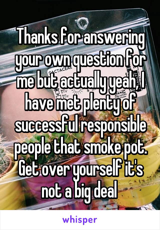 Thanks for answering your own question for me but actually yeah, I have met plenty of successful responsible people that smoke pot. Get over yourself it's not a big deal 