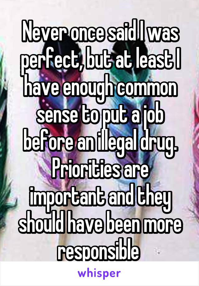 Never once said I was perfect, but at least I have enough common sense to put a job before an illegal drug. Priorities are important and they should have been more responsible 