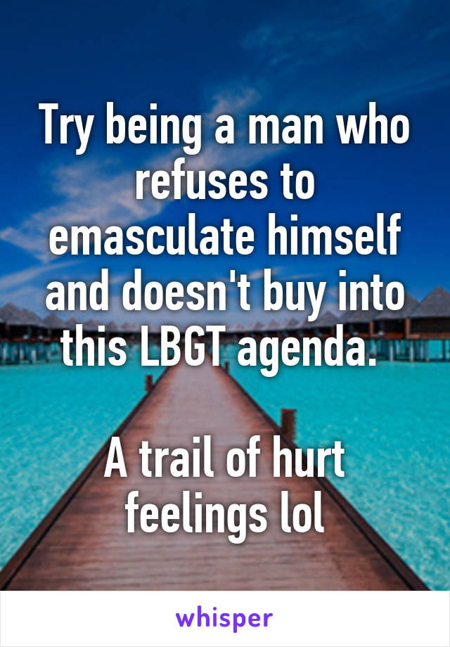 Try being a man who refuses to emasculate himself and doesn't buy into this LBGT agenda. 

A trail of hurt feelings lol