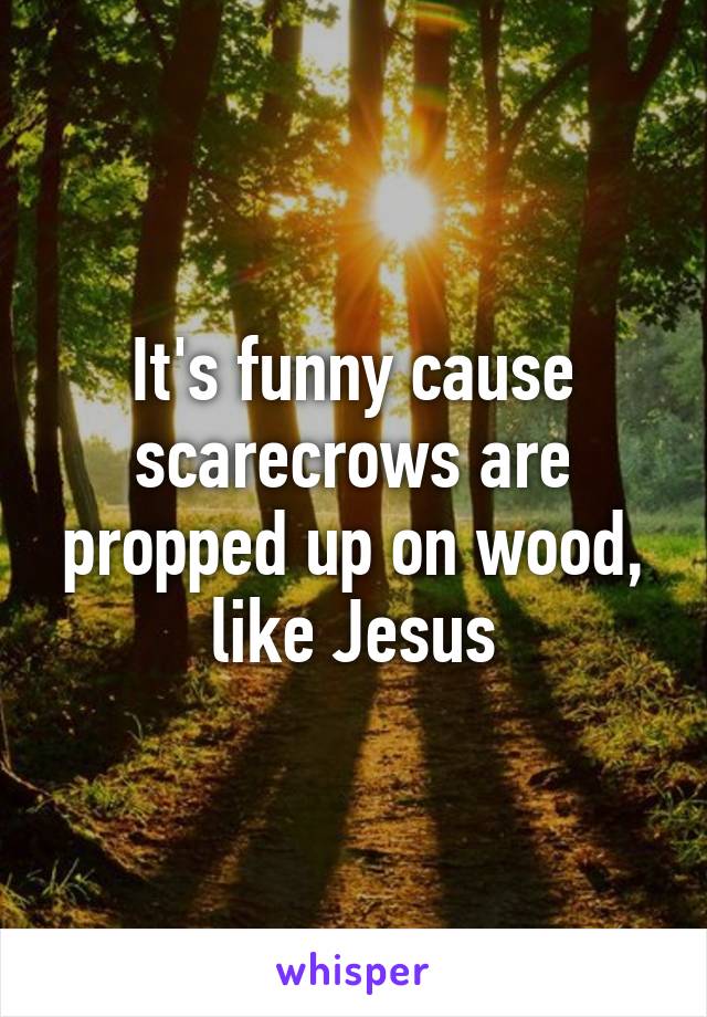 It's funny cause scarecrows are propped up on wood, like Jesus