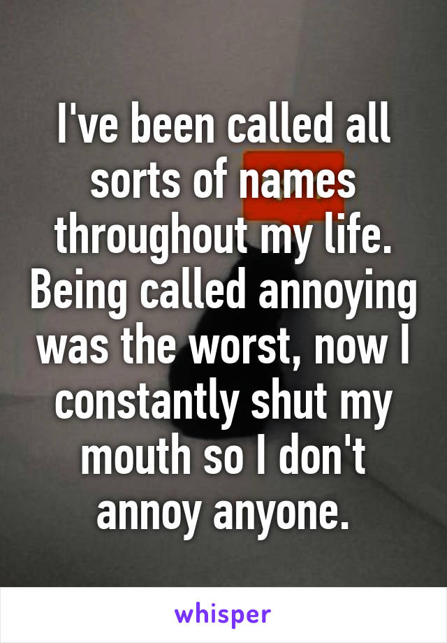 I've been called all sorts of names throughout my life. Being called annoying was the worst, now I constantly shut my mouth so I don't annoy anyone.