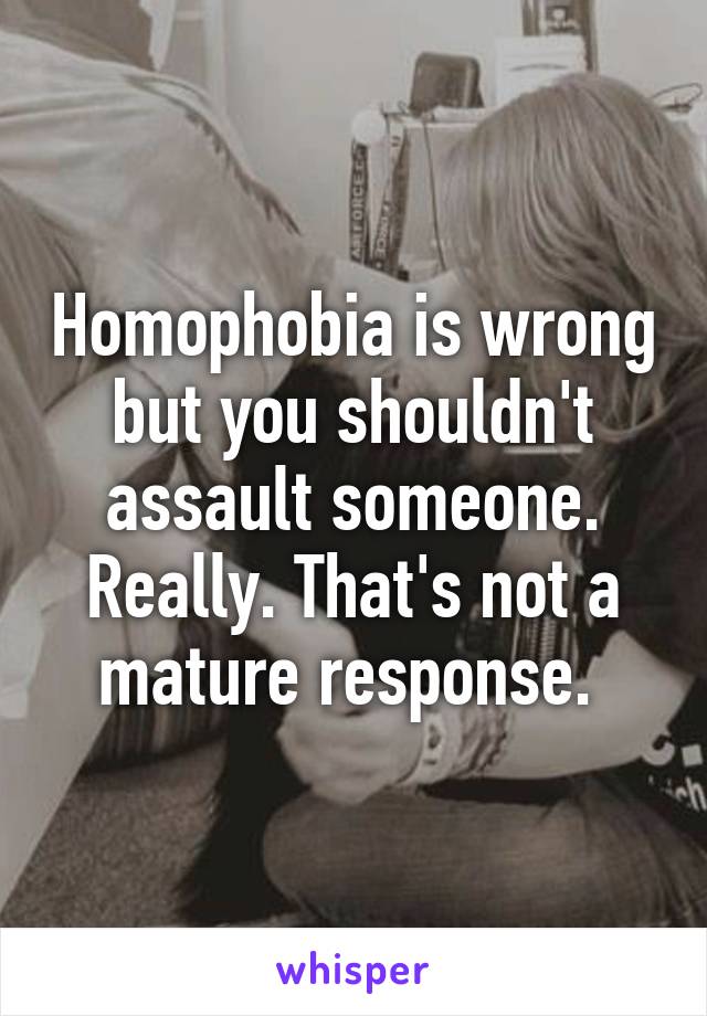 Homophobia is wrong but you shouldn't assault someone. Really. That's not a mature response. 