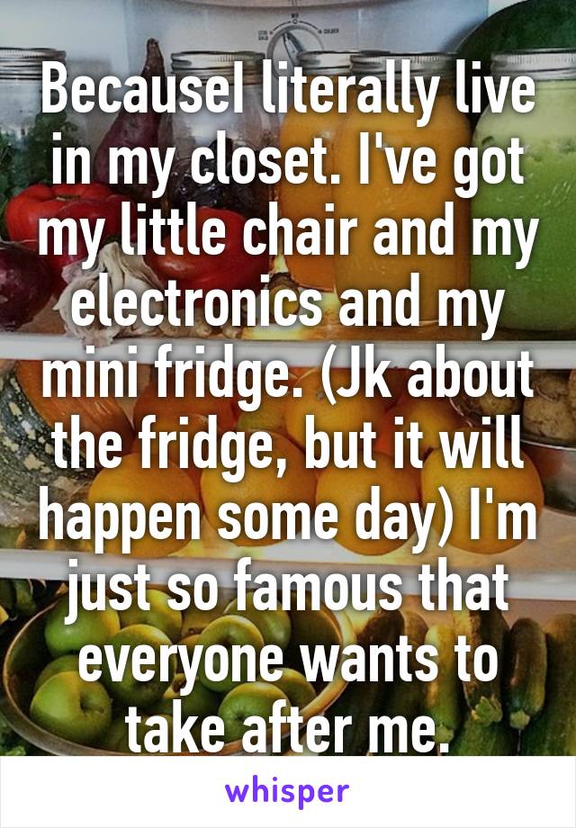 BecauseI literally live in my closet. I've got my little chair and my electronics and my mini fridge. (Jk about the fridge, but it will happen some day) I'm just so famous that everyone wants to take after me.