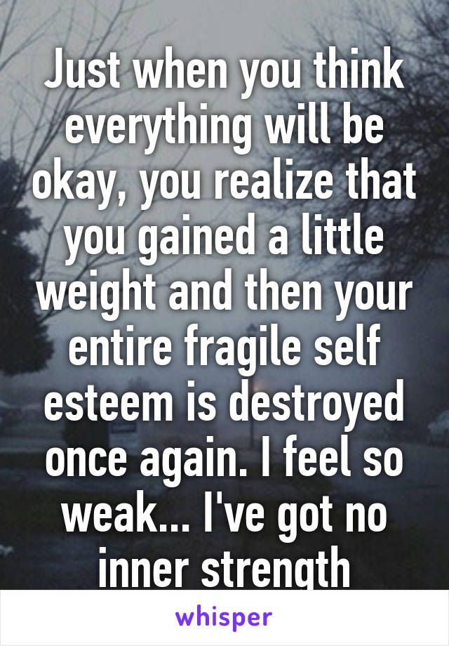 Just when you think everything will be okay, you realize that you gained a little weight and then your entire fragile self esteem is destroyed once again. I feel so weak... I've got no inner strength