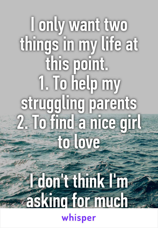 I only want two things in my life at this point. 
1. To help my struggling parents
2. To find a nice girl to love

I don't think I'm asking for much 