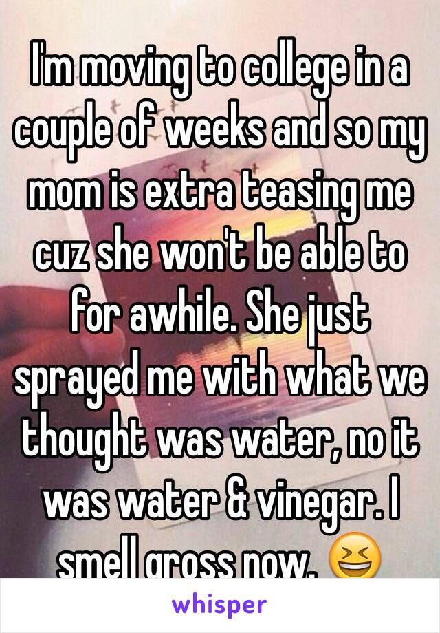 I'm moving to college in a couple of weeks and so my mom is extra teasing me cuz she won't be able to for awhile. She just sprayed me with what we thought was water, no it was water & vinegar. I smell gross now. 😆 