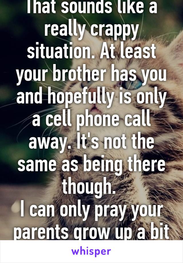 That sounds like a really crappy situation. At least your brother has you and hopefully is only a cell phone call away. It's not the same as being there though. 
I can only pray your parents grow up a bit for his sake. 