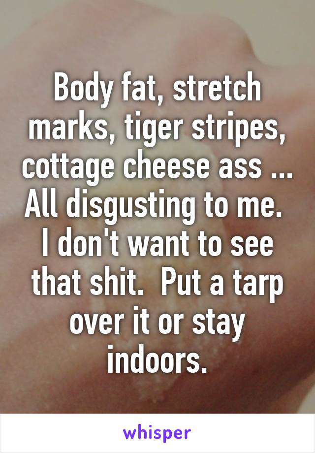 Body fat, stretch marks, tiger stripes, cottage cheese ass ... All disgusting to me.  I don't want to see that shit.  Put a tarp over it or stay indoors.