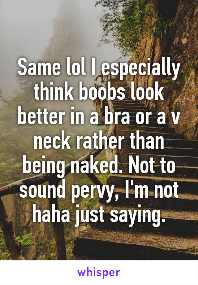 Same lol I especially think boobs look better in a bra or a v neck rather than being naked. Not to sound pervy, I'm not haha just saying.