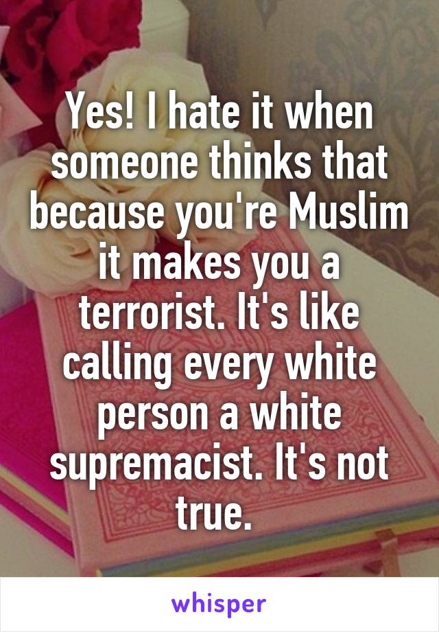 Yes! I hate it when someone thinks that because you're Muslim it makes you a terrorist. It's like calling every white person a white supremacist. It's not true. 