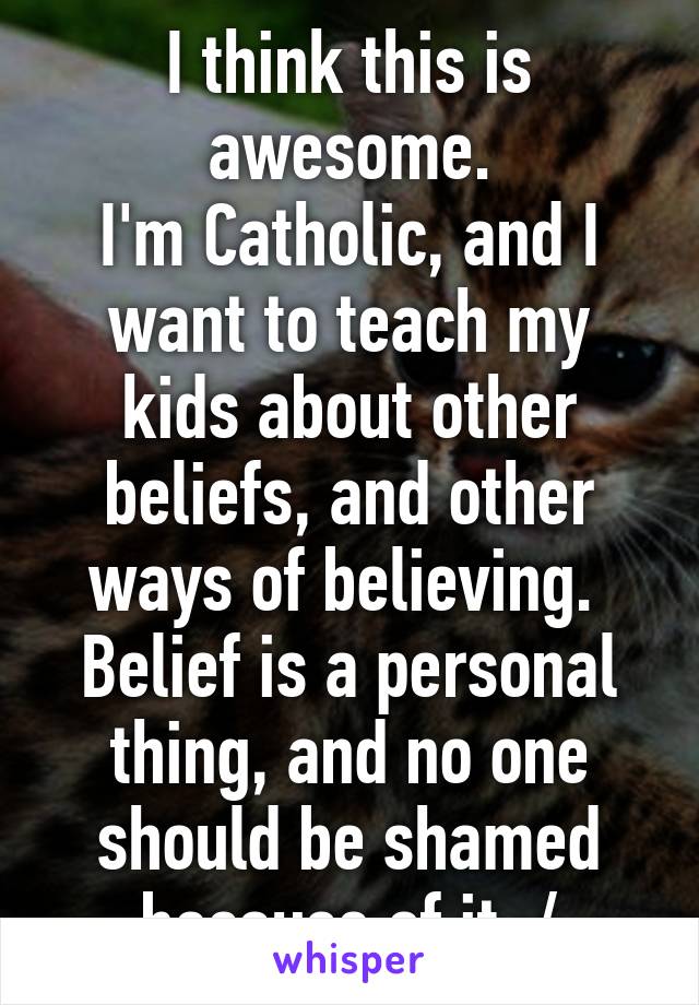 I think this is awesome.
I'm Catholic, and I want to teach my kids about other beliefs, and other ways of believing. 
Belief is a personal thing, and no one should be shamed because of it :/