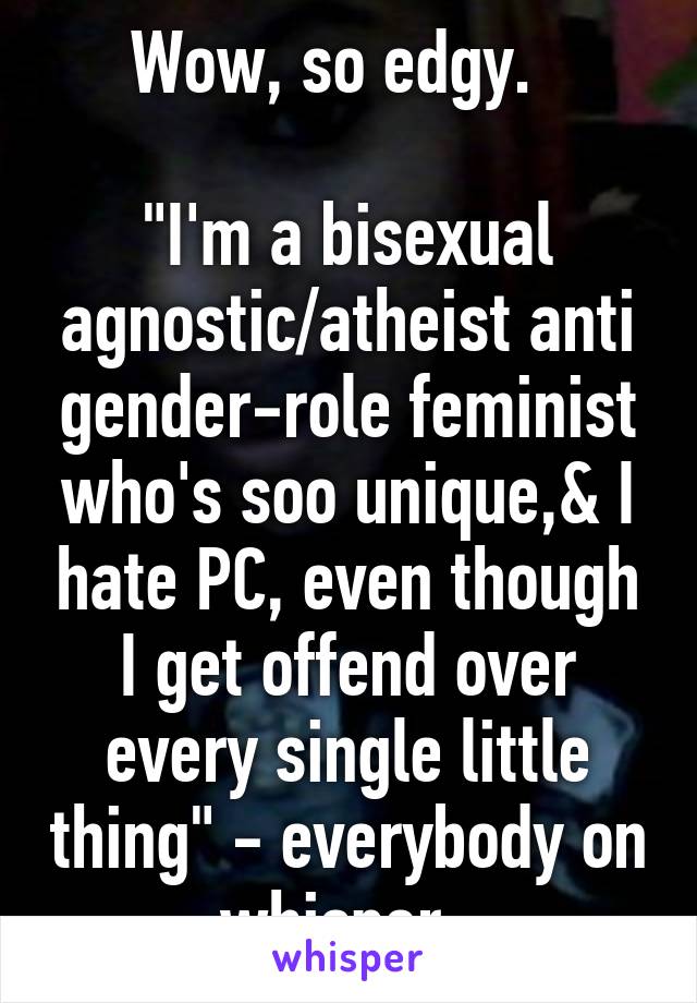 Wow, so edgy.  

"I'm a bisexual agnostic/atheist anti gender-role feminist who's soo unique,& I hate PC, even though I get offend over every single little thing" - everybody on whisper. 