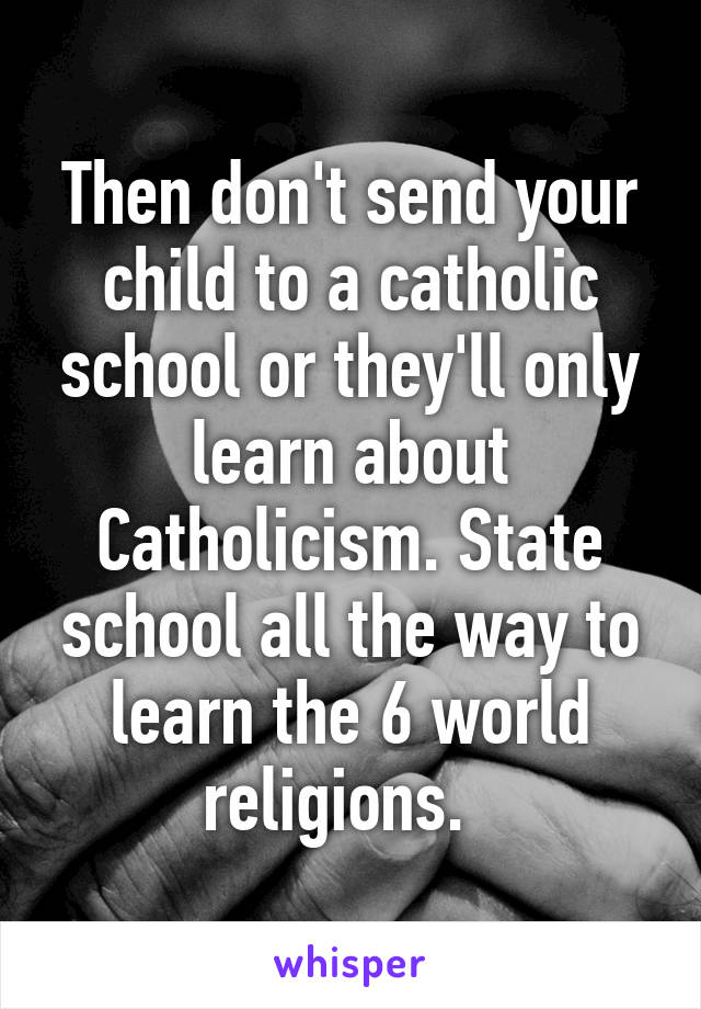 Then don't send your child to a catholic school or they'll only learn about Catholicism. State school all the way to learn the 6 world religions.  