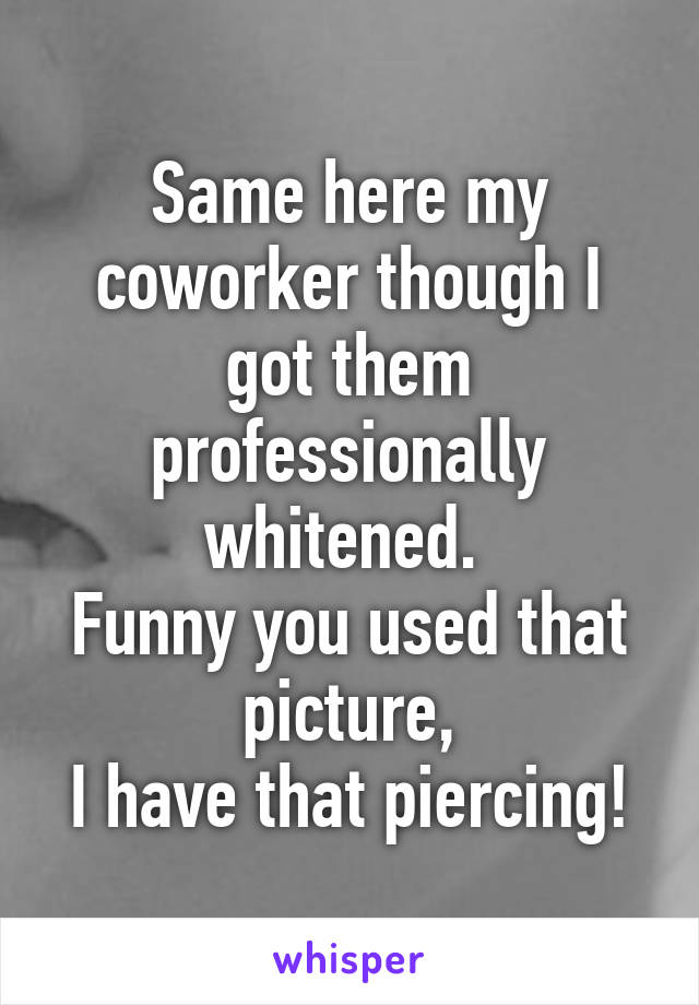 Same here my coworker though I got them professionally whitened. 
Funny you used that picture,
I have that piercing!