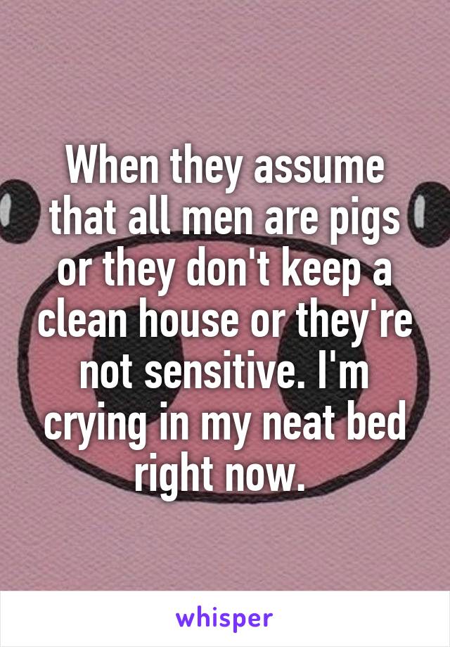 When they assume that all men are pigs or they don't keep a clean house or they're not sensitive. I'm crying in my neat bed right now. 