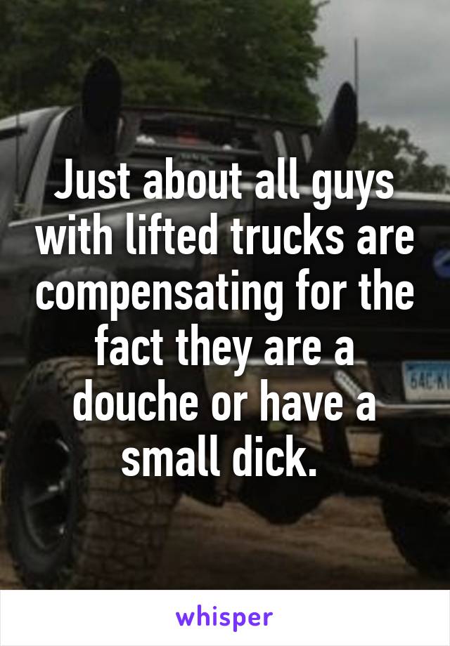 Just about all guys with lifted trucks are compensating for the fact they are a douche or have a small dick. 