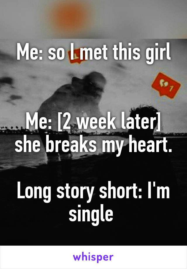Me: so I met this girl


Me: [2 week later] she breaks my heart.

Long story short: I'm single 