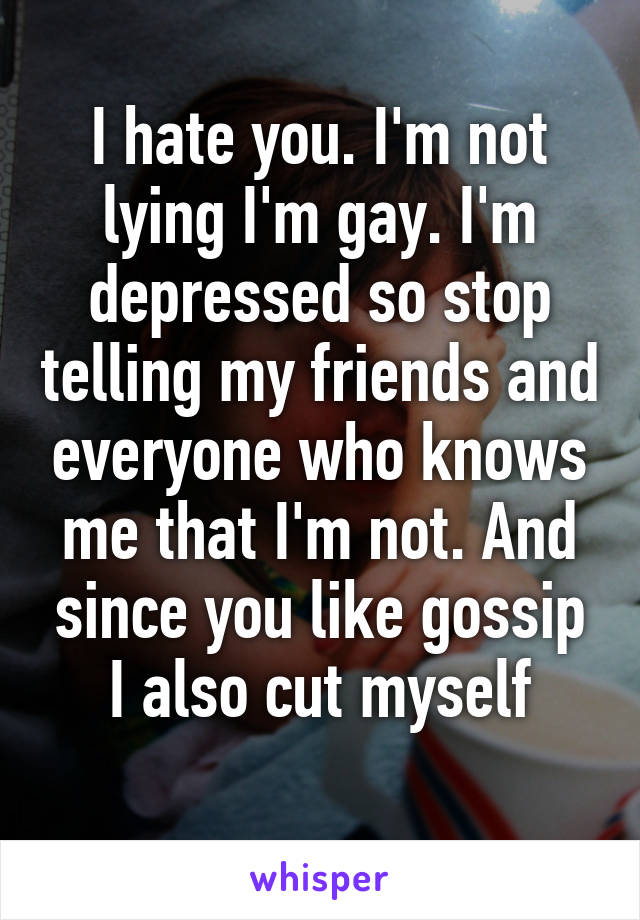 I hate you. I'm not lying I'm gay. I'm depressed so stop telling my friends and everyone who knows me that I'm not. And since you like gossip I also cut myself
