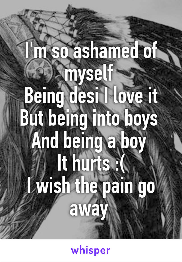 I'm so ashamed of myself 
Being desi I love it
But being into boys 
And being a boy 
It hurts :(
I wish the pain go away 