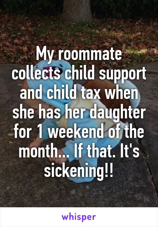 My roommate collects child support and child tax when she has her daughter for 1 weekend of the month... If that. It's sickening!!