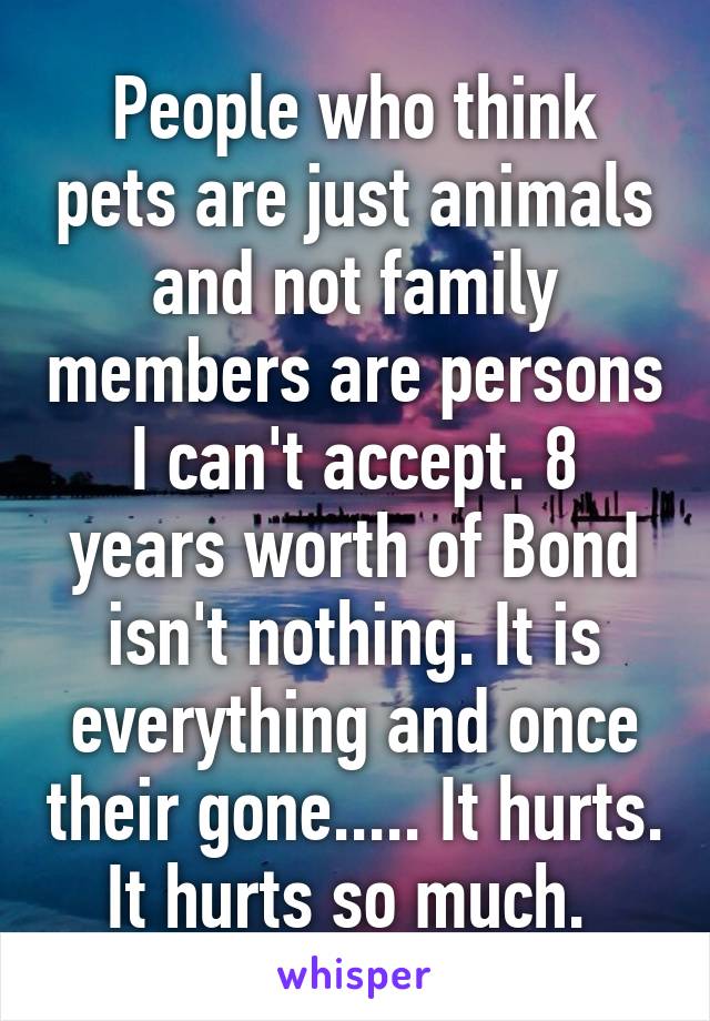 People who think pets are just animals and not family members are persons I can't accept. 8 years worth of Bond isn't nothing. It is everything and once their gone..... It hurts. It hurts so much. 