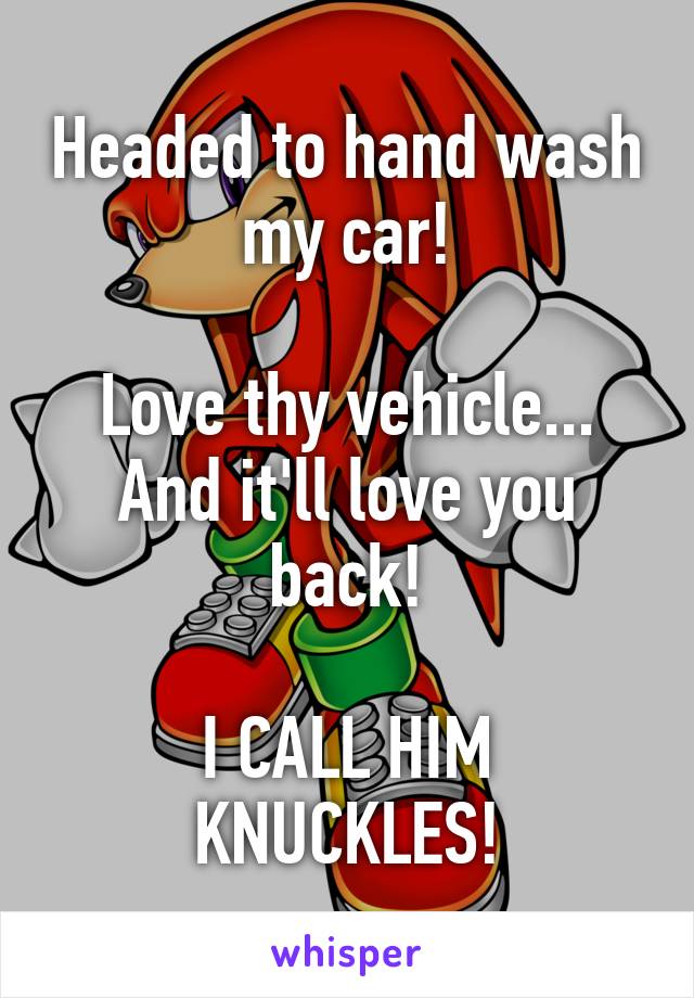 Headed to hand wash my car!

Love thy vehicle...
And it'll love you back!

I CALL HIM KNUCKLES!