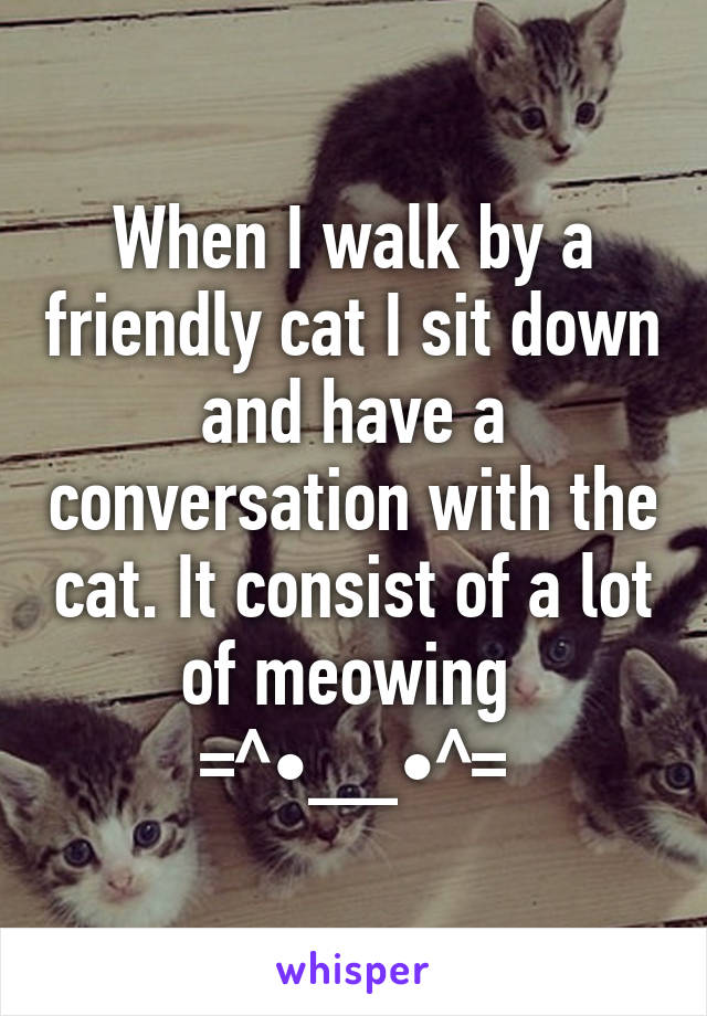 When I walk by a friendly cat I sit down and have a conversation with the cat. It consist of a lot of meowing 
=^•__•^=