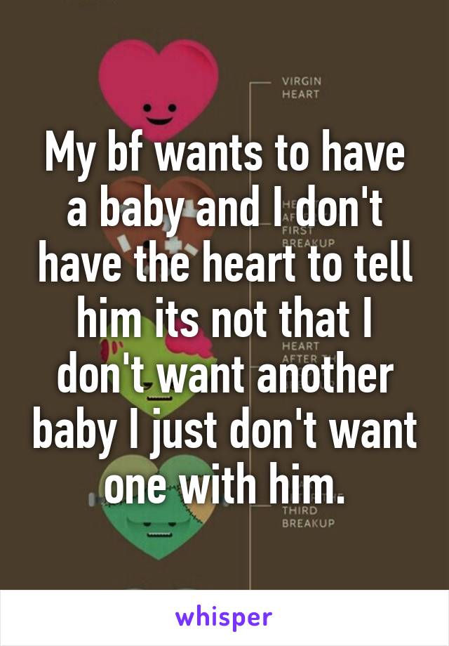 My bf wants to have a baby and I don't have the heart to tell him its not that I don't want another baby I just don't want one with him.