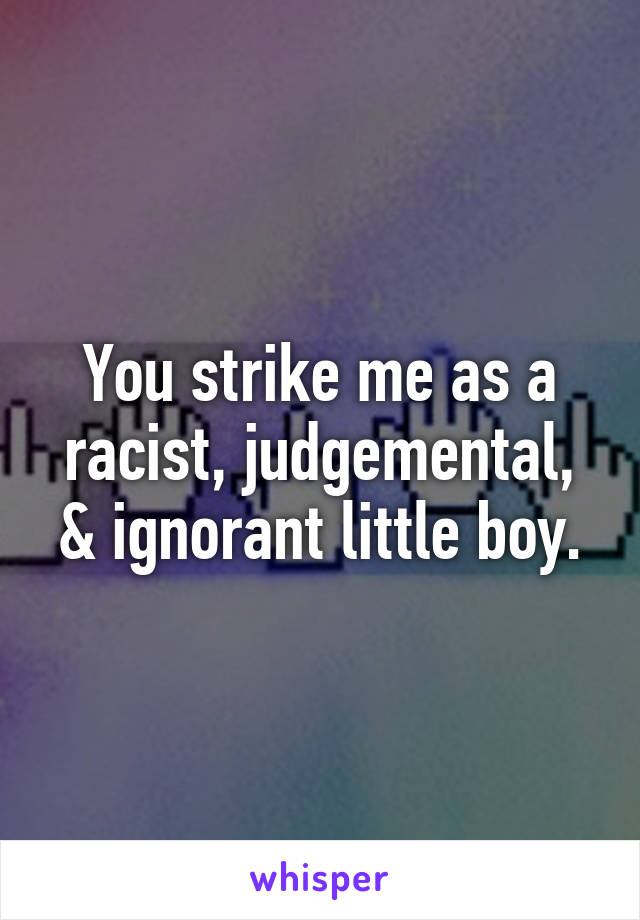 You strike me as a racist, judgemental, & ignorant little boy.