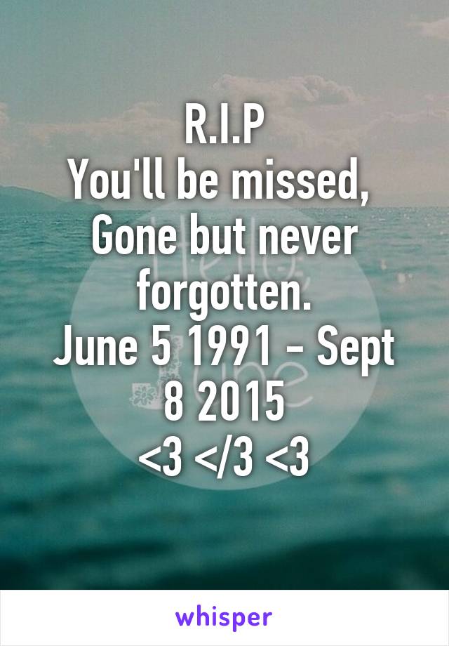 R.I.P
You'll be missed, 
Gone but never forgotten.
June 5 1991 - Sept 8 2015
<3 </3 <3
