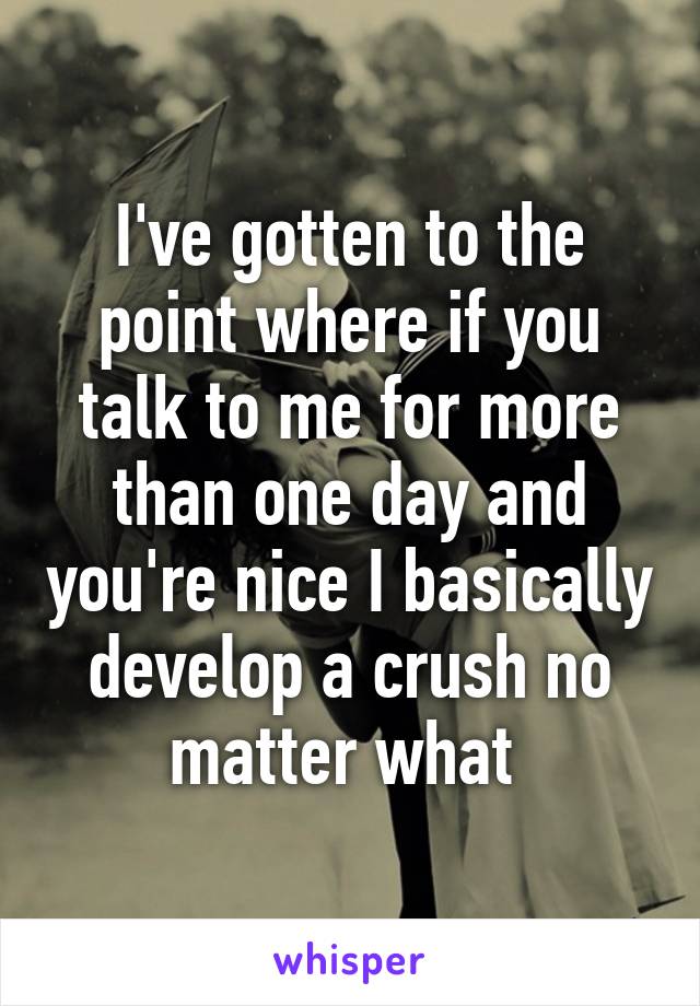 I've gotten to the point where if you talk to me for more than one day and you're nice I basically develop a crush no matter what 