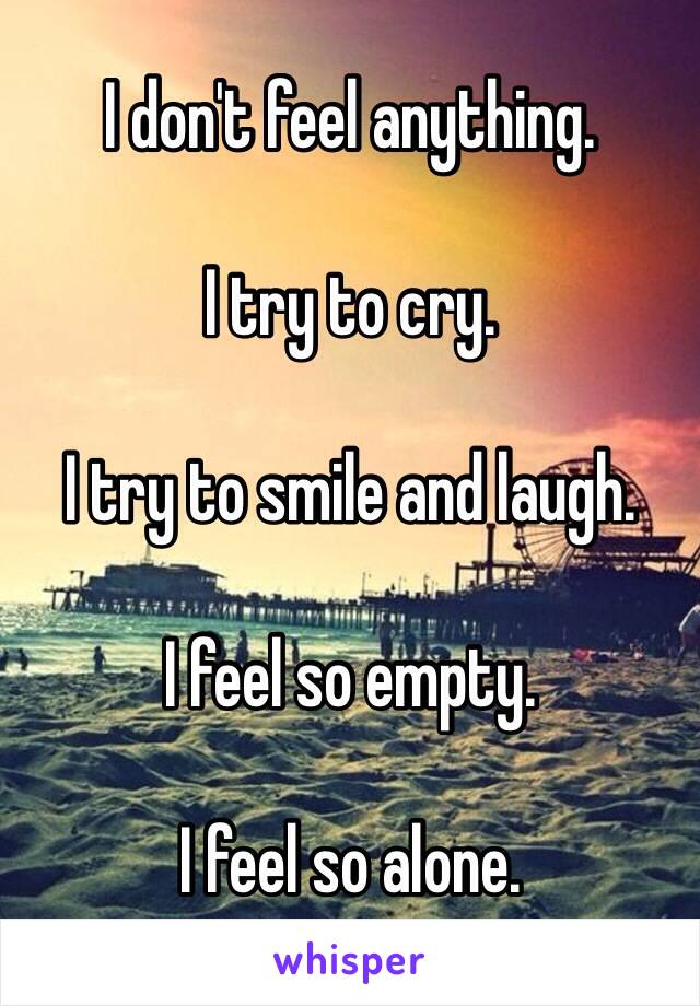 I don't feel anything.

I try to cry.

I try to smile and laugh.

I feel so empty.

I feel so alone.