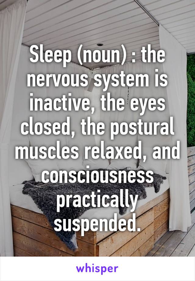 Sleep (noun) : the nervous system is inactive, the eyes closed, the postural muscles relaxed, and consciousness practically suspended.